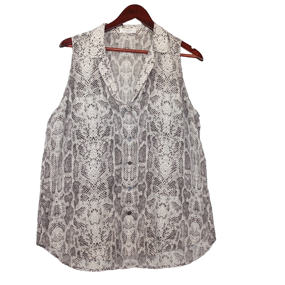 Snakeskin Sleeveless Silk Blouse Large Gray Loose Fit Boho Chic EQUIPMENT Femme
